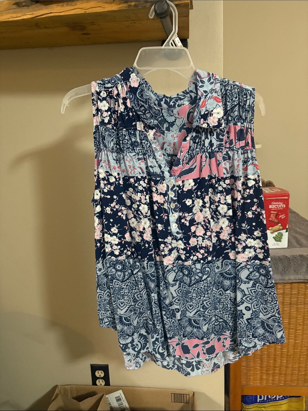 Sleeveless Navy and Pink Floral Paisley V-Neck Tank